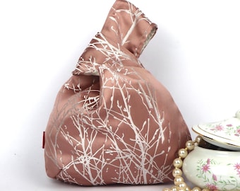 Pink satin Japanese knot bag, Elegant fabric wrist bag for ceremony, Women's gift