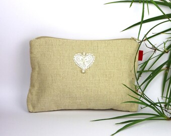 Beige fabric pouch case with heart, multipurpose fabric bag