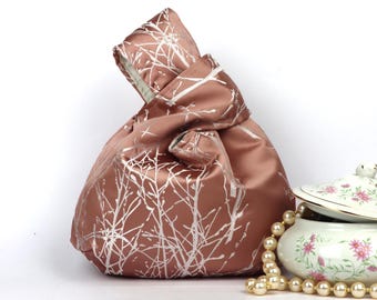 Pink satin Japanese knot bag, Elegant fabric wrist bag for ceremonies, Women's gift