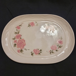 Oval Platter Floral Ceramic Plate Rose Vintage Floral Pattern White Serving Rectangle Flower Pink Centerpiece for Table Gibson Houseware