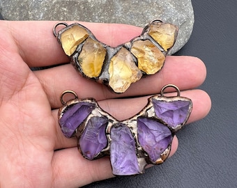 Handmade Soldered Rough Amethyst Citrine Pendant,Bronze Plated Boho Jewelry