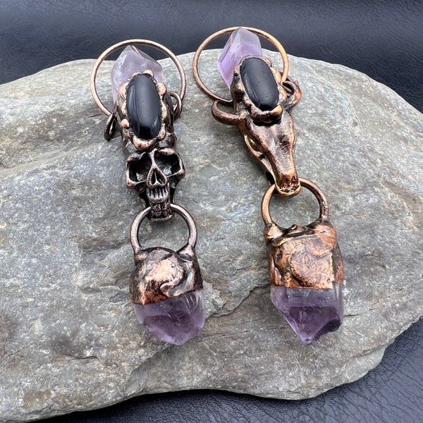 Handmade Amethyst Point Pendant: Skull & Bull Head Necklace