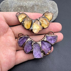 Handmade Soldered Rough Amethyst Citrine Pendant,Bronze Plated Boho Jewelry