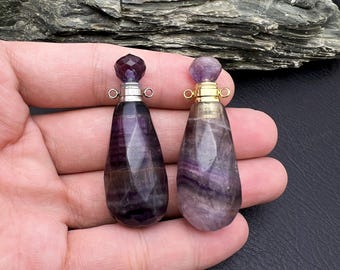 Pingente de frasco de perfume de fluorita: pedra preciosa natural, banhado a ouro/prata