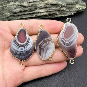 Gold Plated Irregular Natural Botswana Lace Agate Connector Pendant,Gemstone Slice Charm