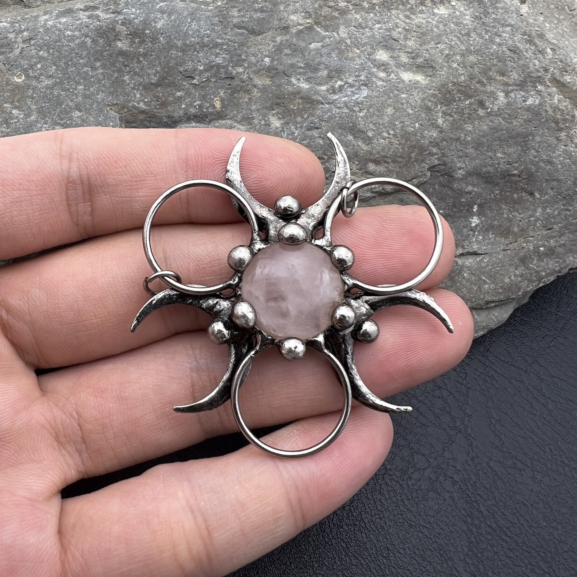Rose Quartz Crystal Pendant: Antique Silver Biohazard Jewelry