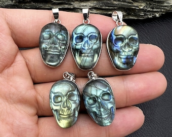 Labradorite Carved Skull Pendant: Natural Gemstone Skeleton Charm (25mm)