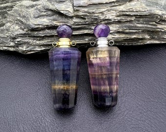 Pingente de vaso de fluorita: frasco de perfume com pedra preciosa banhada a ouro/prata