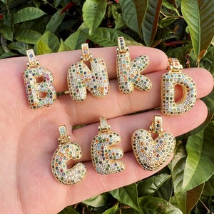 Pendentif lettre initiale bulle de luxe, pendentif lettre bulle personnalisé rempli d'or 18 carats, collier alphabet coloré pavé de zircons cubiques