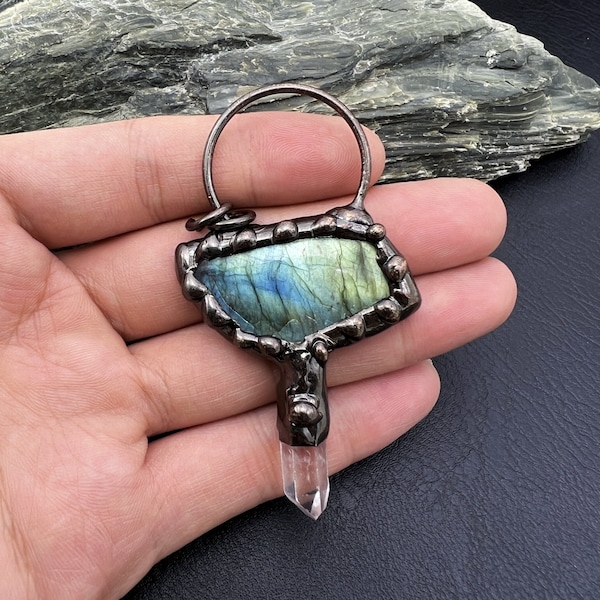 Handmade Gothic Labradorite & Quartz Pendant: Soldered Bronze Jewelry
