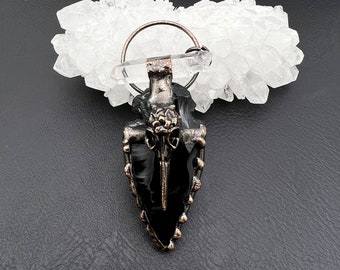 Large Natural Gemstone Pendant,Black Obsidian Arrowhead Pendant,Soldered Crow Skull Antique Witch Viking Jewelry