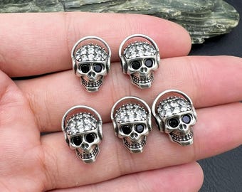 2PCS Antique silver Plated Skull Space Bead,CZ Micro Pave Black Eye DJ Skull Bead,Gothic jewelry