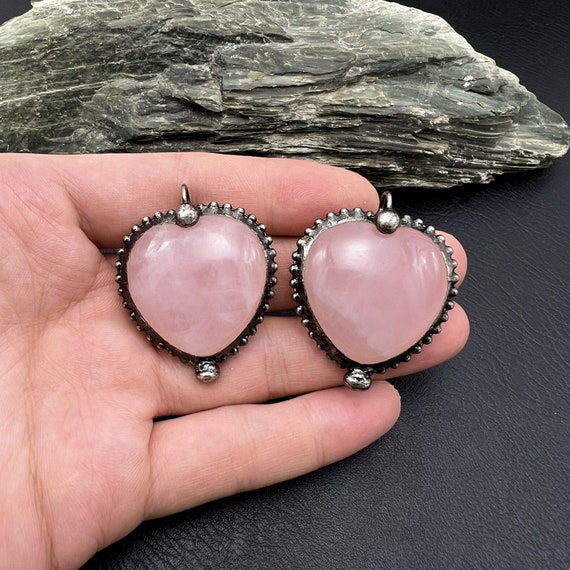 Antique Silver Filled Natural Rose Quartz Crystal Pendant,Large Heart Gemstone Pendant,Soldered Vintage Pendant