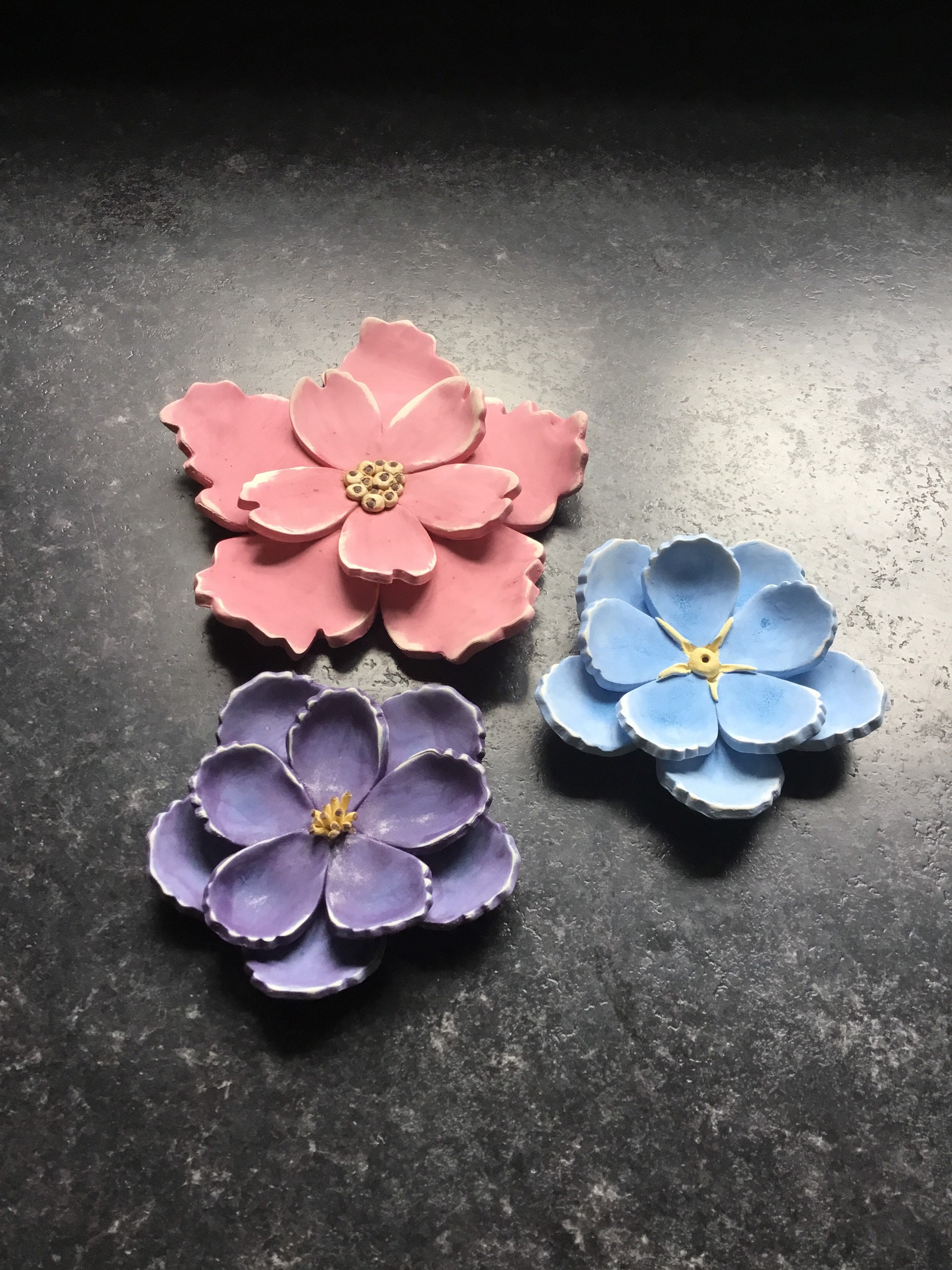 Ceramic flowers wall decor set of 3 wall art pottery | Etsy