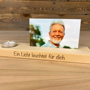 personalisierte Fotoleiste, mit Teelichthalter, zum Gedenken und Erinnern, Trauergeschenk, massives Birkenholz, ein individuelles Andenken