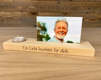 personalisierte Fotoleiste, mit Teelichthalter, zum Gedenken und Erinnern, Trauergeschenk, massives Birkenholz, ein individuelles Andenken