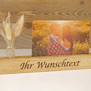 personalized photo bar "desired text" - made of oak wood with vase, picture bar, card holder