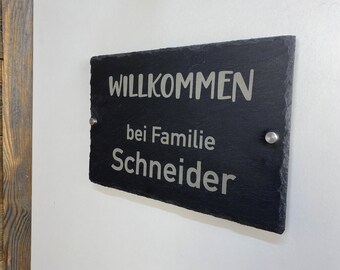 Türschild "Willkommen" mit Familiennamen aus Schiefer, graviert, Geschenk, Haustüre, Eingang, Namenschild