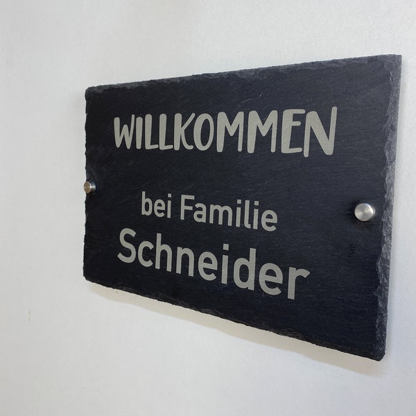 Türschild "Willkommen" mit Familiennamen aus Schiefer, graviert, Geschenk, Haustüre, Eingang, Namenschild