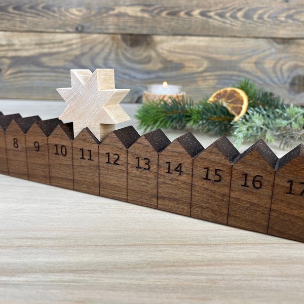 Adventskalender Holzleiste mit Stern mit Lasergravur, Nussbaum