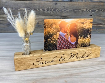 personalized photo ledge with name - made of oak wood with vase, picture ledge, gift for wedding, couples, engagement, marriage