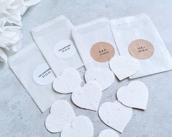 Personalised Plantable Seed Paper Hearts in Glassine bag. Eco Friendly Wedding. Wildflowers