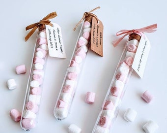 Marshmallow wedding favour in tube, personalised marshmallow wedding thank you gift, pink and white