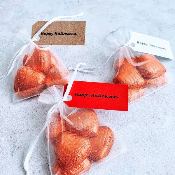 Foil Wrapped Belgian Chocolate Hearts in organza bag. Personalised Orange Chocolate Hearts. Wedding favour, Halloween party gift