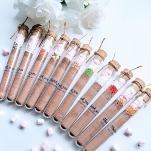 Hot Chocolate Wedding Favour in tube. Personalised hot chocolate with  Marshmallow,Thank you gift, Christmas gift