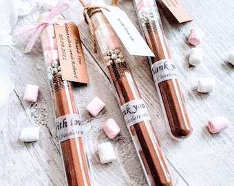 Hot Chocolate wedding favour in tube, personalised, hot chocolate with marshmallow, Thank you gift, Christmas, Valentine's day  gift.