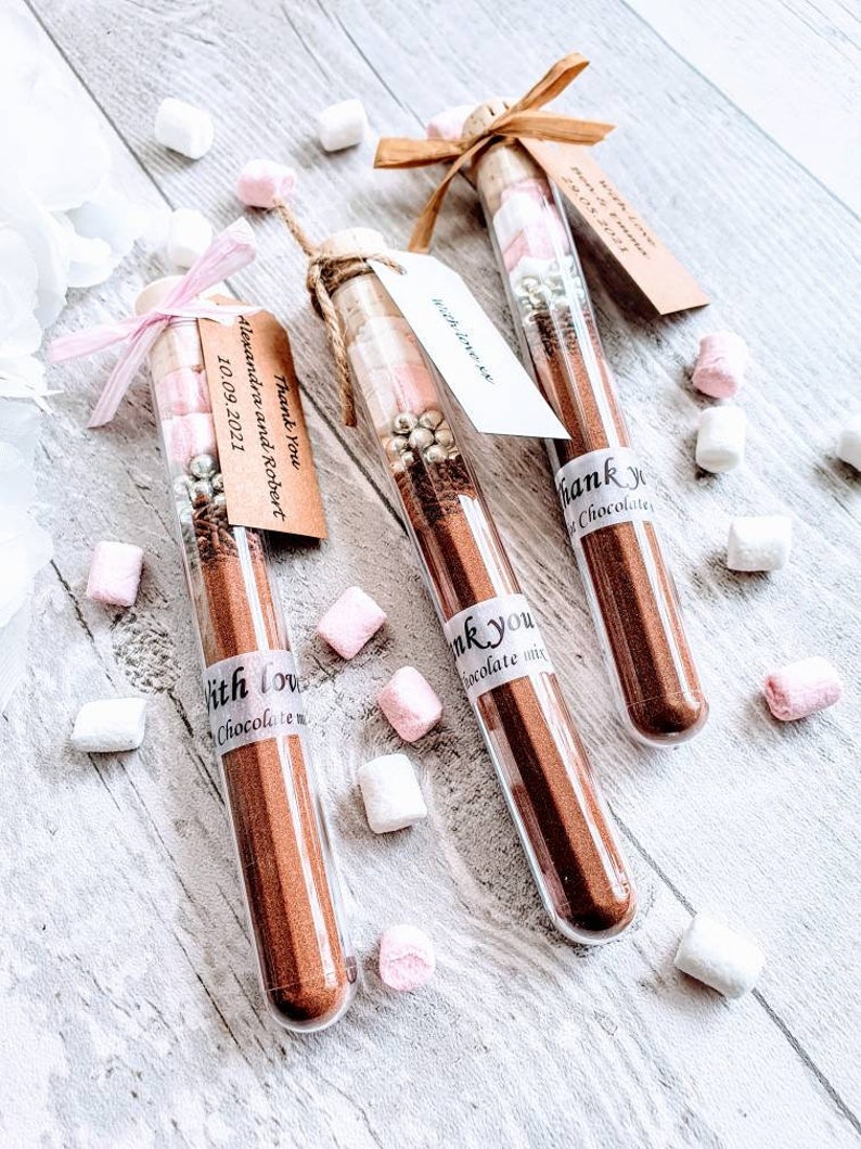 Hot Chocolate wedding favour in tube, personalised, hot chocolate with marshmallow, Thank you gift, Christmas, Valentine's day gift. image 1