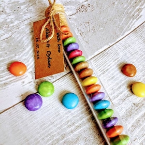 Chocolate beans wedding favour in tube, personalised chocolate beans wedding thank you gift, color sweets