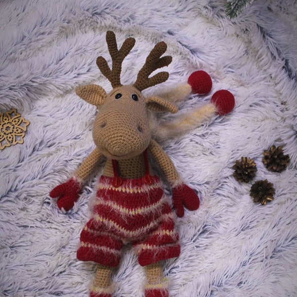 Big deer amigurumi deer toy amigurumi large deer toy large amigurumi deer christmas reindeer in scarf and overalls red christmas deer large