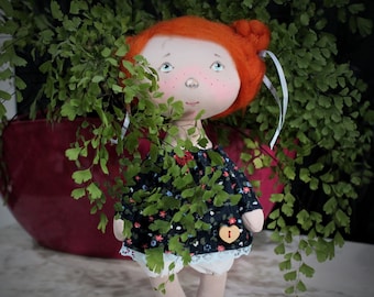 Handmade cute tilda textile dolls Redhead. Baby Fabric Home decoration Girl. Gift for children. Interior Doll Present girl in dress doll