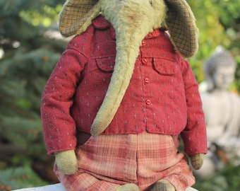 Big Vintage Teddy Elephant Toy Elephant artist Teddy vintage elephant in costume Stuffed animal figure Home decore gift Elephant in vintage