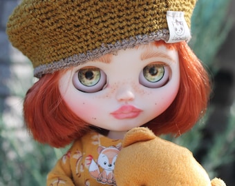 Custom Blythe Doll with red hair serious girl with bangs doll OOAK sad doll Blythe artisan doll In a tracksuit with a Ukrainian motif doll