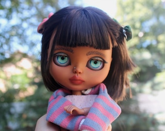 Custom Blythe Doll with black hair serious girl with bangs doll OOAK sad doll Blythe artisan doll In a dress with sweater doll bob hairstyle