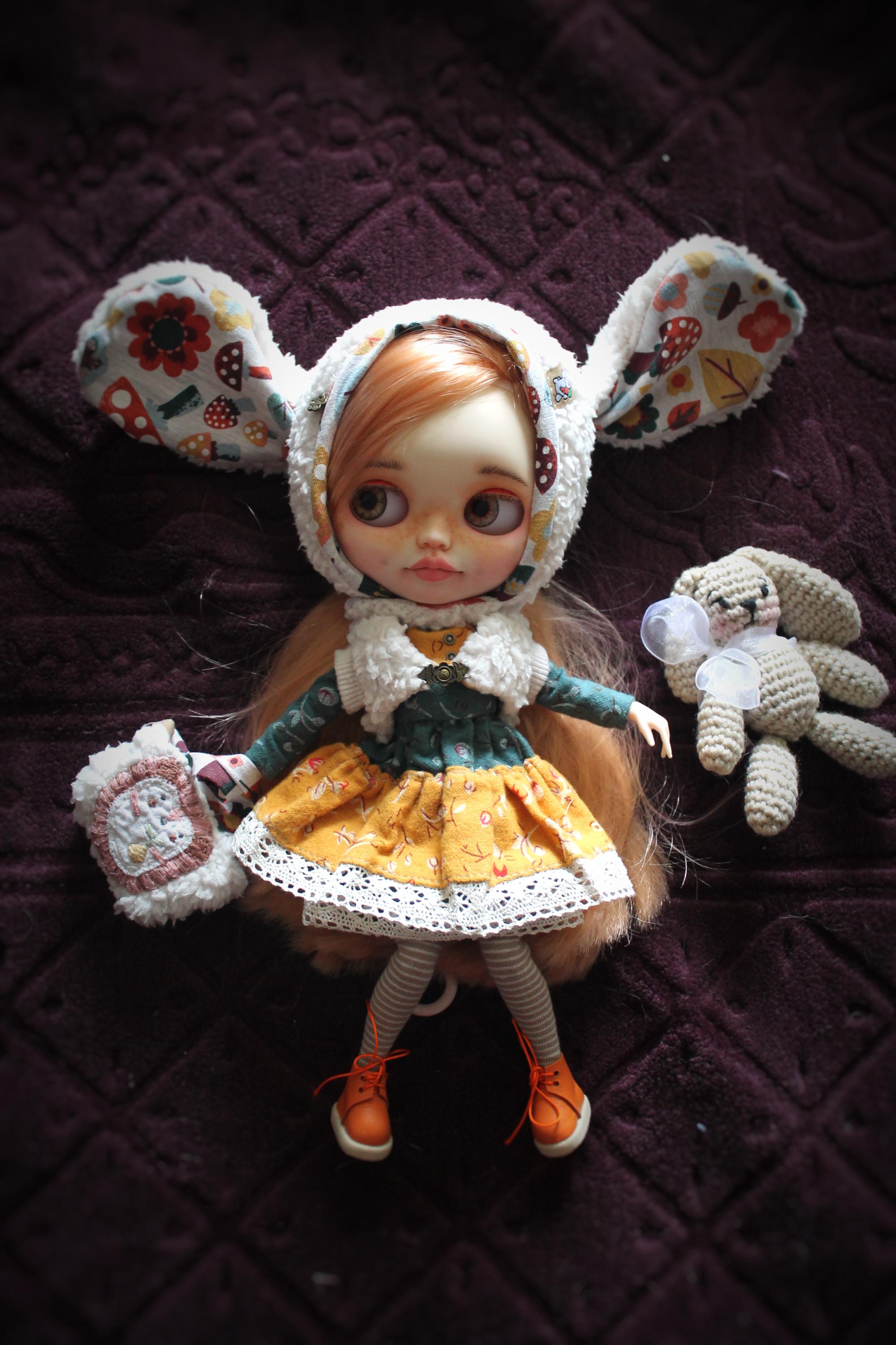 Custom Blythe Doll OOAK doll Blythe Skin color light doll Blythe artisan delicate blythe doll in a hat with ears and with handbag gentle dol