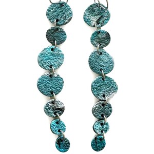 Circles of Life seed dangle shoulder duster statement earrings.  Unique, funky, yet elegant in shades of blue, gray and white.