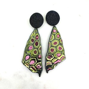 Abstract butterfly dangles!  OOAK, unique, funky, black, burgundy, pink and green, wearable art, statement earrings.