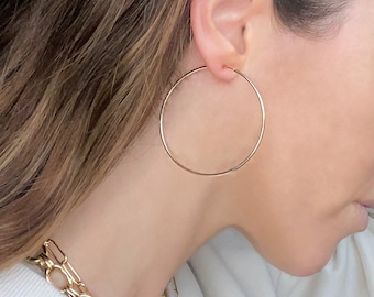 Gold hoop earrings. Lightweight thin hoops. 50mm x 1.25mm delicate earrings. 14k gold filled. Medium endless hoop earrings.