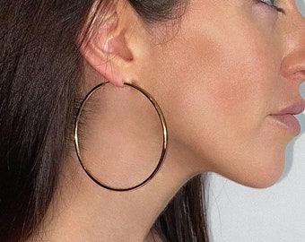 Large gold hoop earrings, fine hoop earrings, 65mm x 2mm diameter big hoop earrings, gold filled, endless hoop earrings