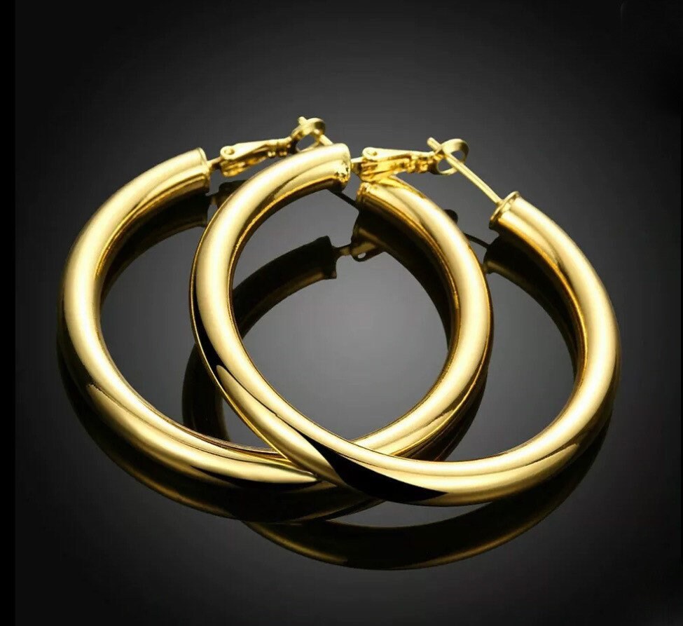 thumbnail image 2 of Massive Oversized 3-Hoop Earrings – Chunky Gold Plated Metal, 8cm Long, Leverback Closure 2 of 6