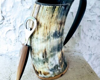 Large 24oz Viking Tankard Drinking Horn Mug and Bottle Opener Set
