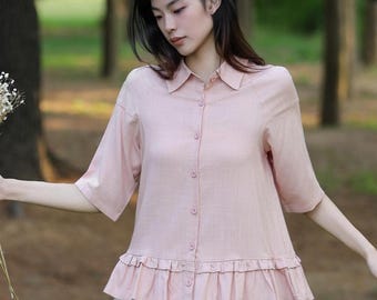 Frauen Baumwolle Leinen Halbarm Blusen, Vintage-Hemden mit Rüschen, Leinenhemden mit Klassischem Kragen, Boho-Sommer-Oberteile, Kleidung in Übergröße F711