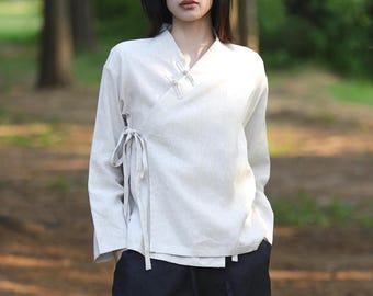 Chinese style long sleeve blouses, wrap linen tops, frog buttons shirt, plus size women clothing F722
