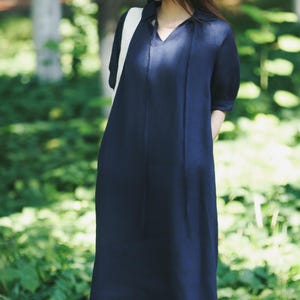 100% linen dress for women, V-neck linen dress, Loose Flax Dress, short sleeves long dress, oversize dress, Plus Size dress custom made F683
