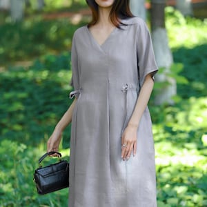 Linen tie waist dress, summer dress with pockets, sustainable summer fashion, V neck 100% linen dress, Handmade Plus Size dress F677