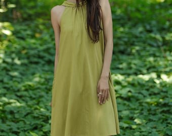 Sleeveless halter dress women, Cotton linen A-line dress, Tank short dress, Summer sundress, Bohemian dress, loose fit dress plus size F657