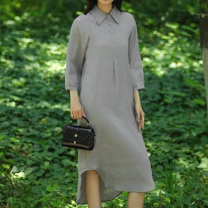 Women midi linen dress, Spring shirt dress, Button up linen dress, linen dress with pockets, Summer Loose fit dress plus size clothing F708